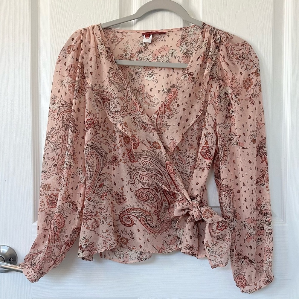 100% Silk Y2K Paisley and Floral Print Wrap Blouse by Tapemeasure